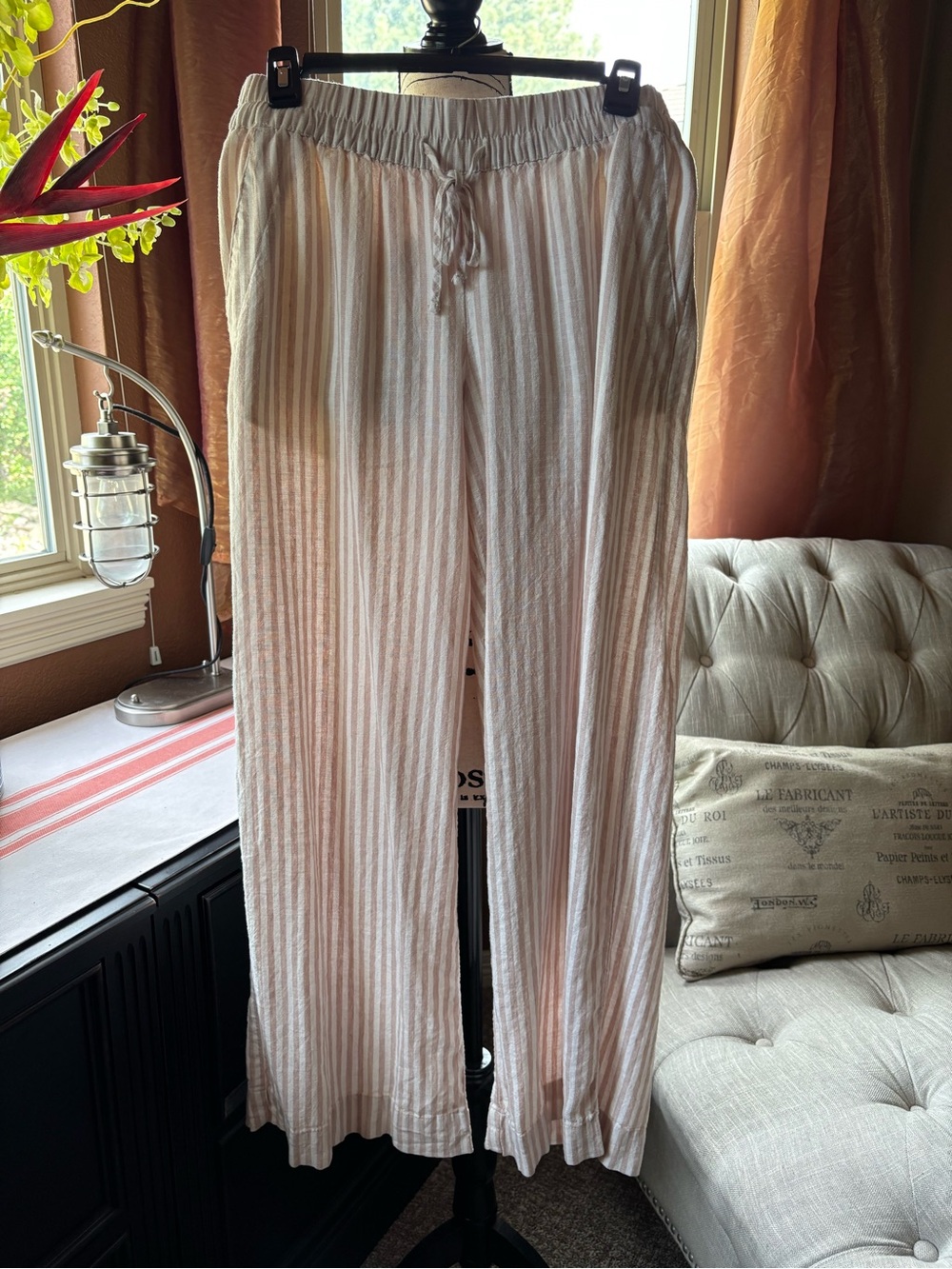 a new day khaki and White Striped Wide-Leg Linen Pants